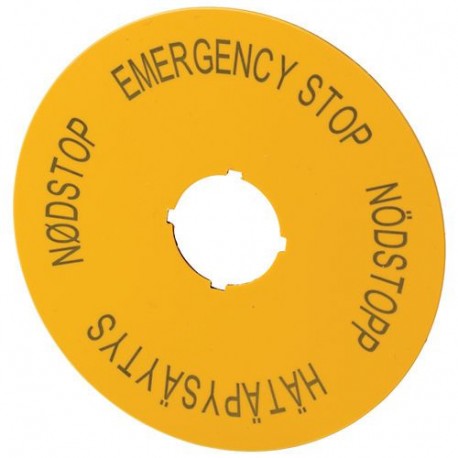 M22-XAK14 121088 M22-XAK14Q EATON ELECTRIC Label, emergency stop, D 90mm, yellow, EN, SV, FI, DA