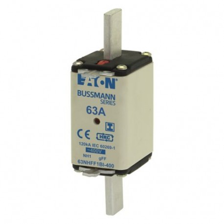 63NHFF1BI-400 EATON ELECTRIC Fuse-link, LV, 63 A, AC 400 V, NH1, gFF, IEC, dual indicator, insulated grippin..