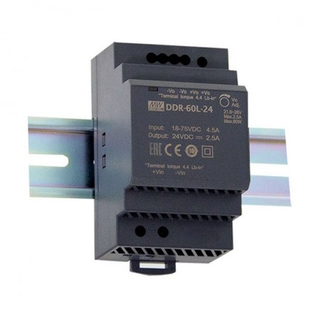 DDR-60L-24 MEANWELL Conversor CC/CC, Entrada: 18-75VCC, Saída: 24VCC, 2,5 A. Potência: 60W. Isolamento 4000V..