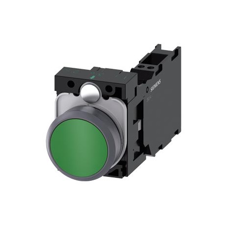 3SU1130-0AB40-3FA0 SIEMENS Pushbutton, 22 mm, round, plastic with metal front ring, green, Pushbutton, flat,..