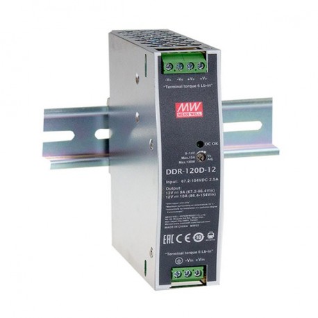 DDR-120B-48 MEANWELL Convertitore DC-DC, guida DIN, Ingresso 16.8-33.6 VDC, Uscita 48VDC / 2,5 A