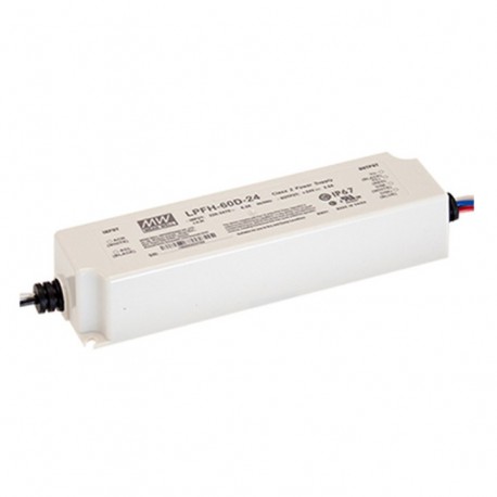 LPFH-60D-24 MEANWELL Driver LED,Entrada: 200-400VCA, Salida: 2,5A. 60W Rango Tensión 14,4-24V regulable 1-10..